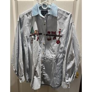 Vintage Christmas Button Up Shirt Women's Size L Embroidered Bear Solutions